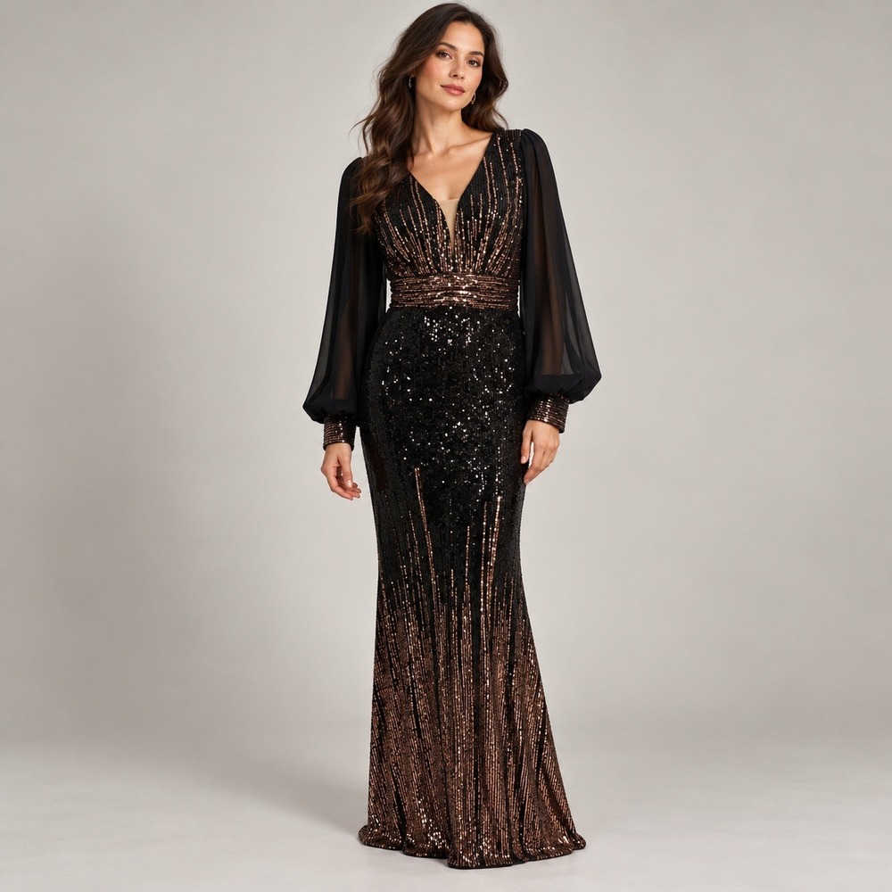 Sequin Gown Women XL Black Gold Ombre Sheer Bishop Sleeve Formal Black Tie Gala